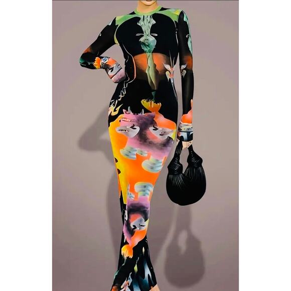 Vintage Style Long Sleeve Abstract Print Crew Neck Fashionable Dress, NWOT - Picture 4 of 6